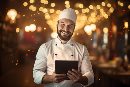 male chef holding a tablet to welcome customers at a restaurantの素材