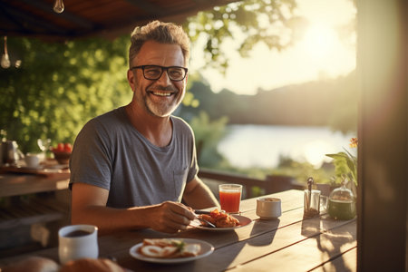happy man eating breakfast in the kitchen at homeの素材