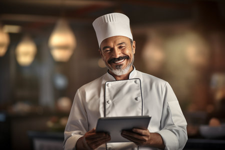 male chef holding a tablet to welcome customers at a restaurantの素材