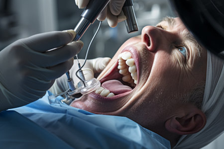 A man happily goes to the dentist for a dental checkup at the clinicの素材