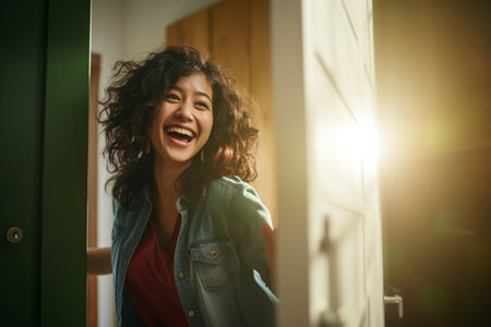 Happy woman opens door to welcome neighbor in the morningの素材