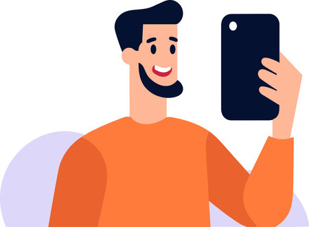 Hand Drawn Businessman with smartphone in online marketing concept in flat style isolated on backgroundのイラスト素材