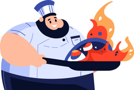 Hand Drawn Overweight chef cooking in the kitchen in flat style isolated on backgroundのイラスト素材