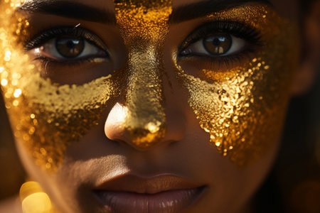 a beautiful woman is in gold paint and wearing a gold covering on fashion style backgroundの素材