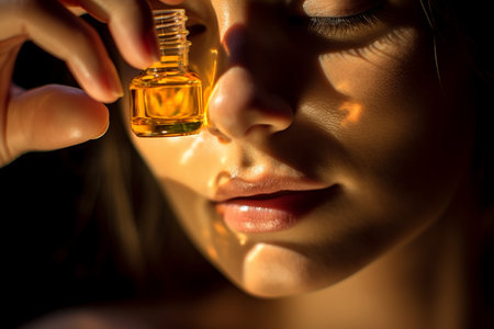 a beautiful woman holds a bottle of orange scented perfume in fashion style warm backgroundの素材