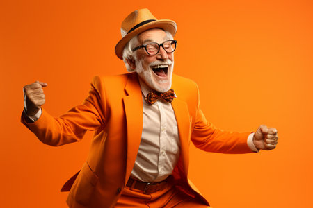 elderly man happy dance on bokeh style warm backgroundの素材