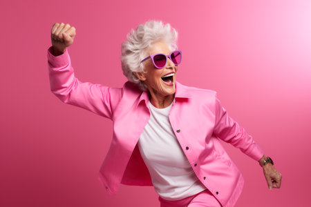 elderly woman happy dance on bokeh style warm backgroundの素材