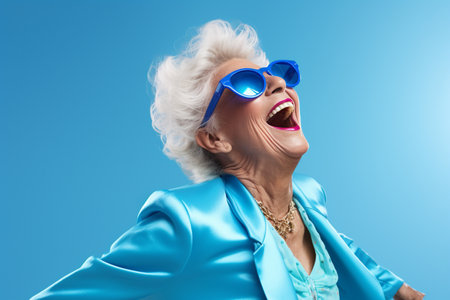 elderly woman happy dance on bokeh style warm backgroundの素材