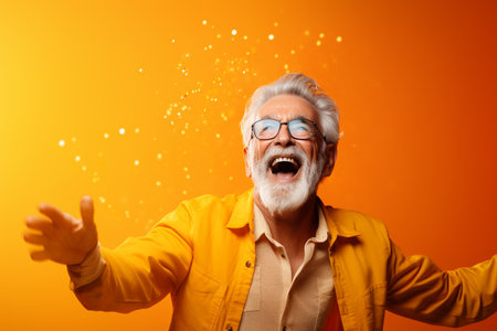 elderly man happy dance on bokeh style warm backgroundの素材