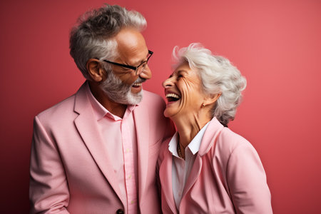 a elderly couple dancing happily and looking to each other in happiness on bokeh style backgroundの素材