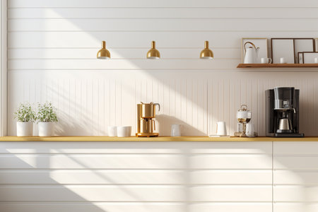 an elegant interior of a kitchen counter and coffee maker with utensil in warm backgroundの素材