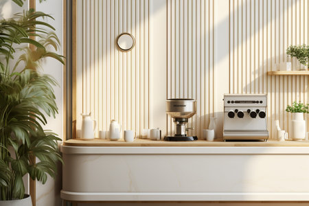 an elegant interior of a kitchen counter and coffee maker with utensil in warm backgroundの素材