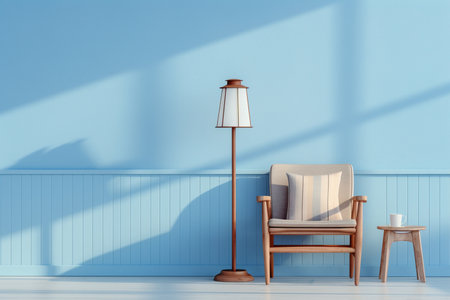 a wooden console table near a window in empty room with wallmounted in warm backgroundの素材