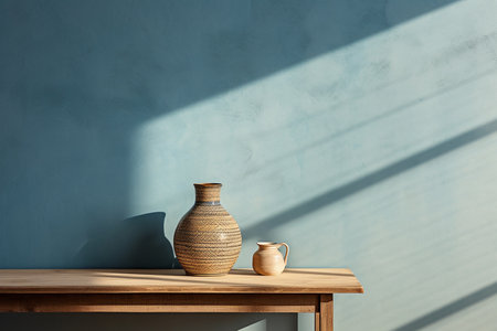 a wooden console table near a window in empty room with wallmounted in warm backgroundの素材