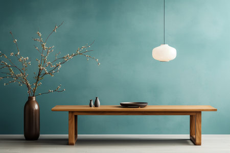 a wooden console table near a window in empty room with wallmounted in warm backgroundの素材