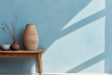 a wooden console table near a window in empty room with wallmounted in warm backgroundの素材
