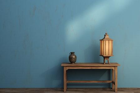 a wooden console table near a window in empty room with wallmounted in warm backgroundの素材