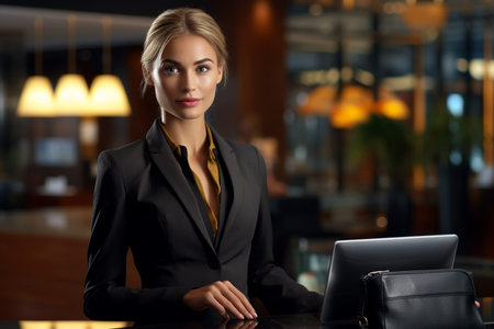 Business woman with suitcase standing in front of hotel reception counter on a bokeh style backgroundの素材