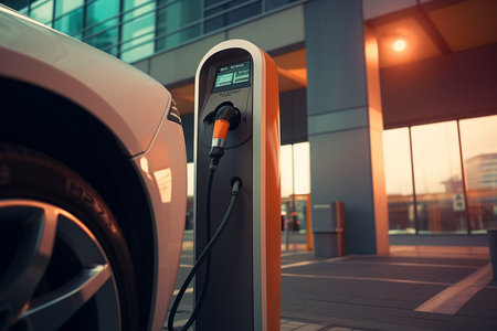 Electric cars with electric charging stations during the nightの素材