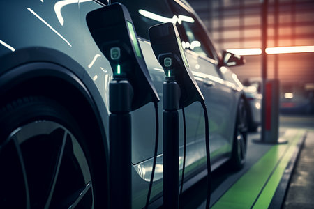 Electric cars with electric charging stations during the nightの素材