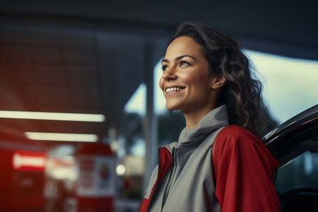 Smiling woman with car standing in gas station in the daytimeの素材