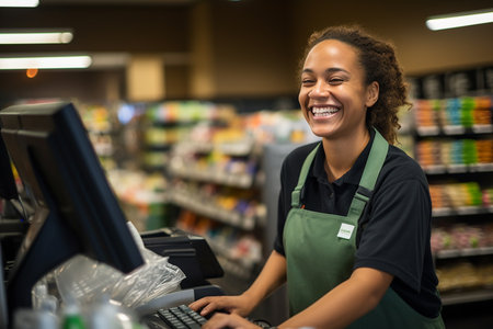 Female cashier smiling at the supermarket in the daytimeの素材