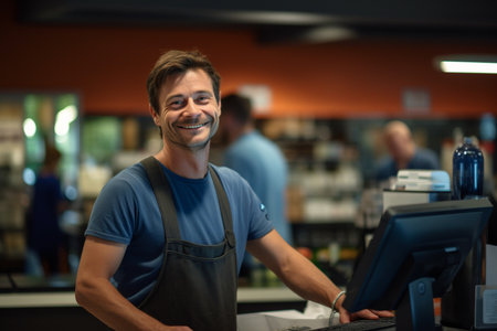 male cashier smiling at the supermarket in the daytimeの素材
