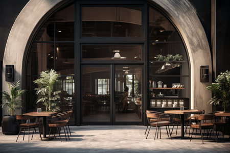 a dark black restaurant with a circular arched entrance and glass windowsの素材