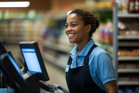 Female cashier smiling at the supermarket in the daytimeの素材