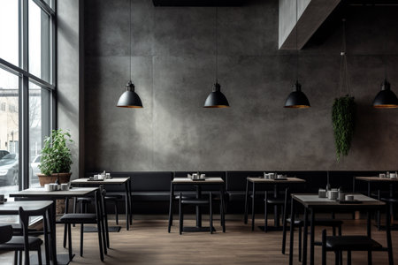 an modern interior restaurant full of grey furniture and black tables in simple and elegant styleの素材