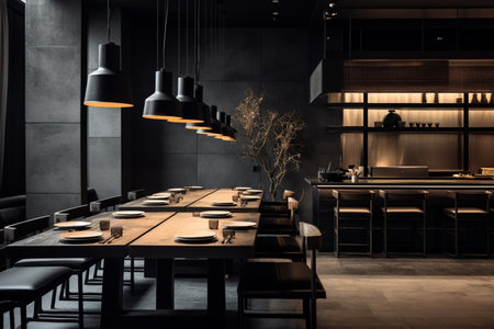 an modern interior restaurant full of grey furniture and black tables in simple and elegant styleの素材