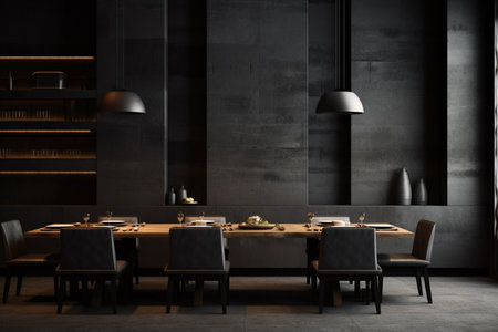 an modern interior restaurant full of grey furniture and black tables in simple and elegant styleの素材