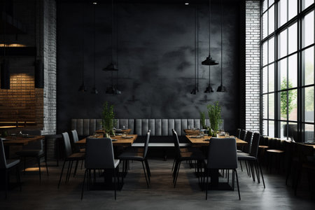 an modern interior restaurant full of grey furniture and black tables in simple and elegant styleの素材