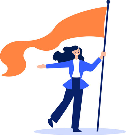 Hand Drawn Business woman holding a victory flag in flat style isolated on backgroundのイラスト素材