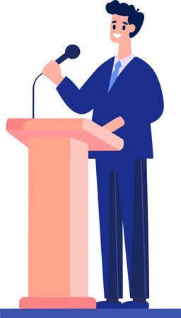Hand Drawn Businessman speaking on the podium in flat style isolated on backgroundのイラスト素材