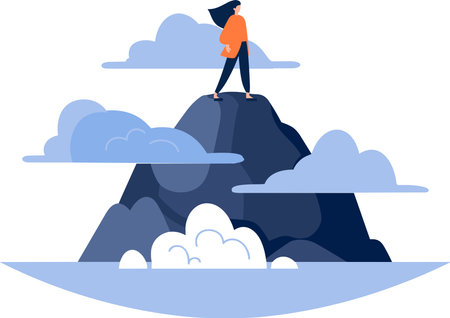 Hand Drawn Businessman standing on top of the mountain of success in flat style isolated on backgroundのイラスト素材