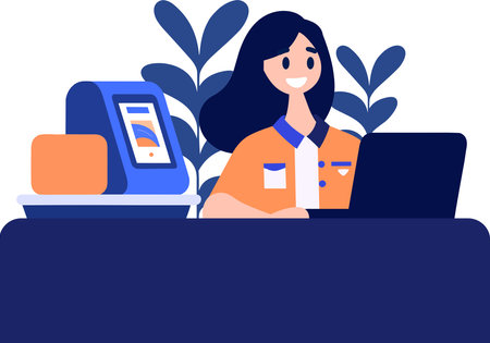 Hand Drawn Cashier or receptionist in a hotel in flat style isolated on backgroundのイラスト素材