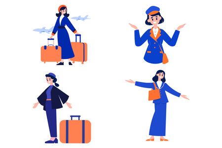 Hand Drawn Flight attendant with suitcase in flat style isolated on backgroundのイラスト素材