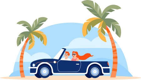 Hand Drawn Tourists drive convertibles car to the beach in flat style isolated on backgroundのイラスト素材