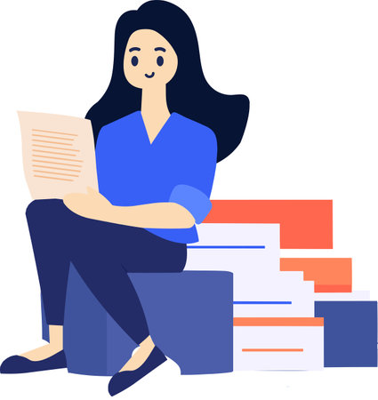 Hand Drawn female character sitting and reading a book in flat style isolated on backgroundのイラスト素材