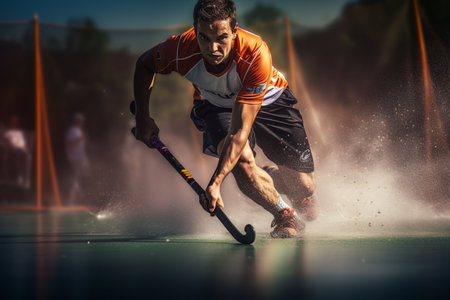 A male hockey player is playing field hockey during daylight hoursの素材