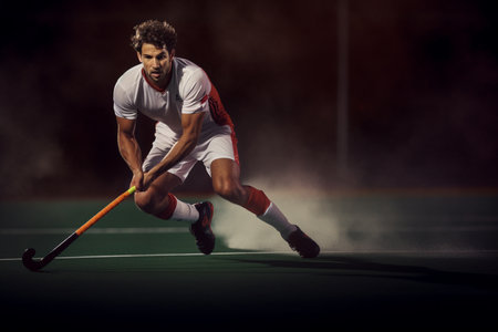 A male hockey player is playing field hockey during daylight hoursの素材