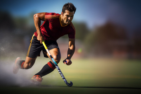 A male hockey player is playing field hockey during daylight hoursの素材