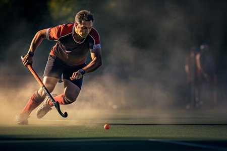 A male hockey player is playing field hockey during daylight hoursの素材