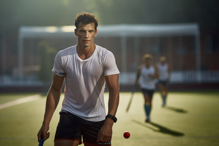 A male hockey player is playing field hockey during daylight hoursの素材