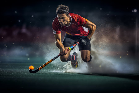 A male hockey player is playing field hockey during daylight hoursの素材