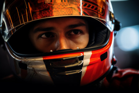 Racing car driver wearing helmet for competition on bokeh style backgroundの素材