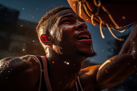 Male basketball player playing basketball in a crowded indoor basketball court on a bokeh style backgroundの素材