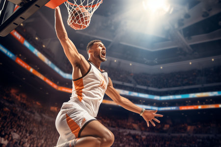 Male basketball player playing basketball in a crowded indoor basketball court on a bokeh style backgroundの素材