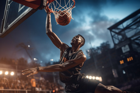 Male basketball player playing basketball in a crowded indoor basketball court on a bokeh style backgroundの素材